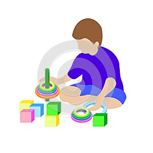 Preschool, kindergarten, playgroup Colourful icon design template. Child happy playing by himself.